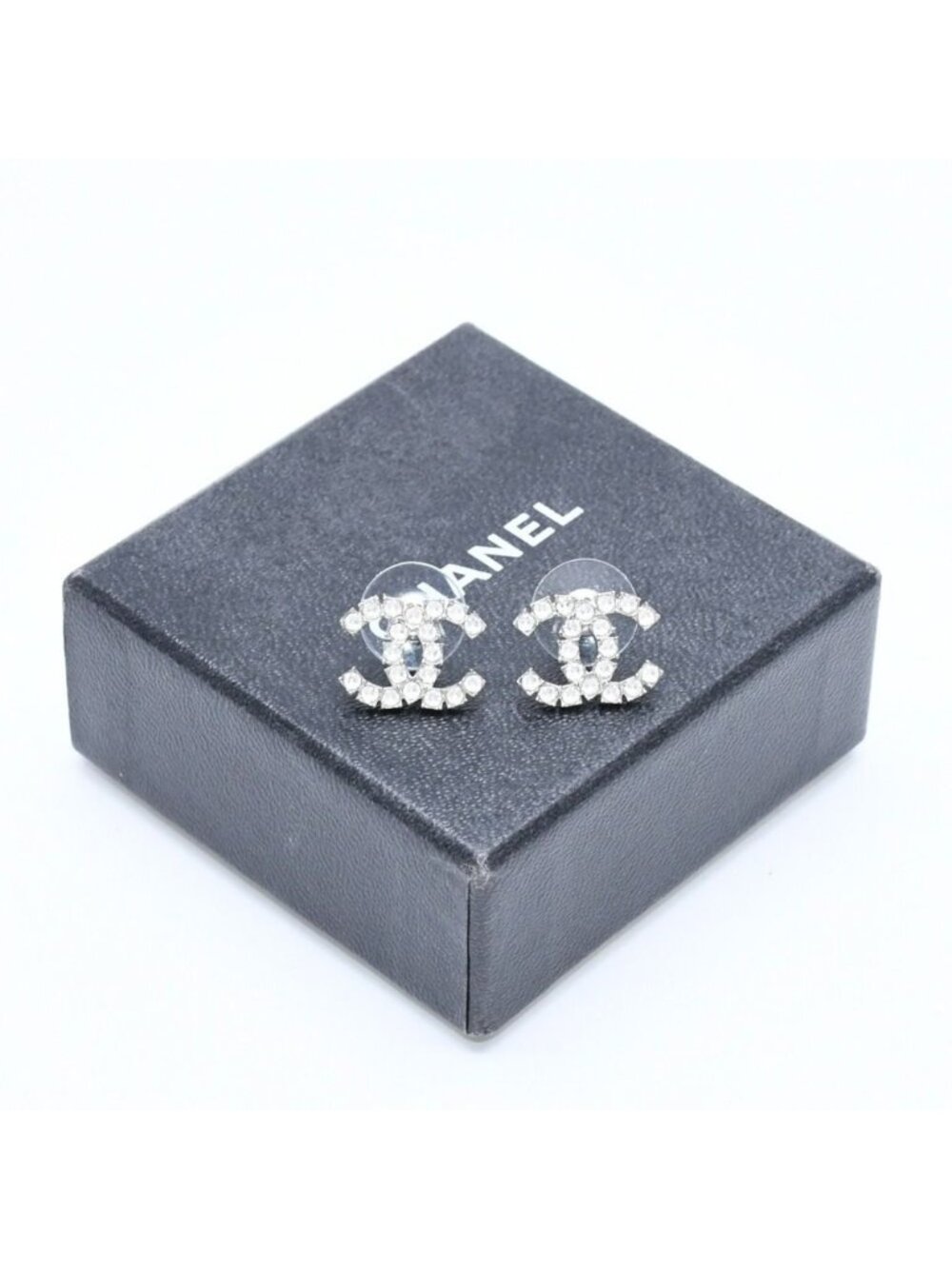 Chanel CC Logo Earrings Stamp Metal Rhinestone Silver